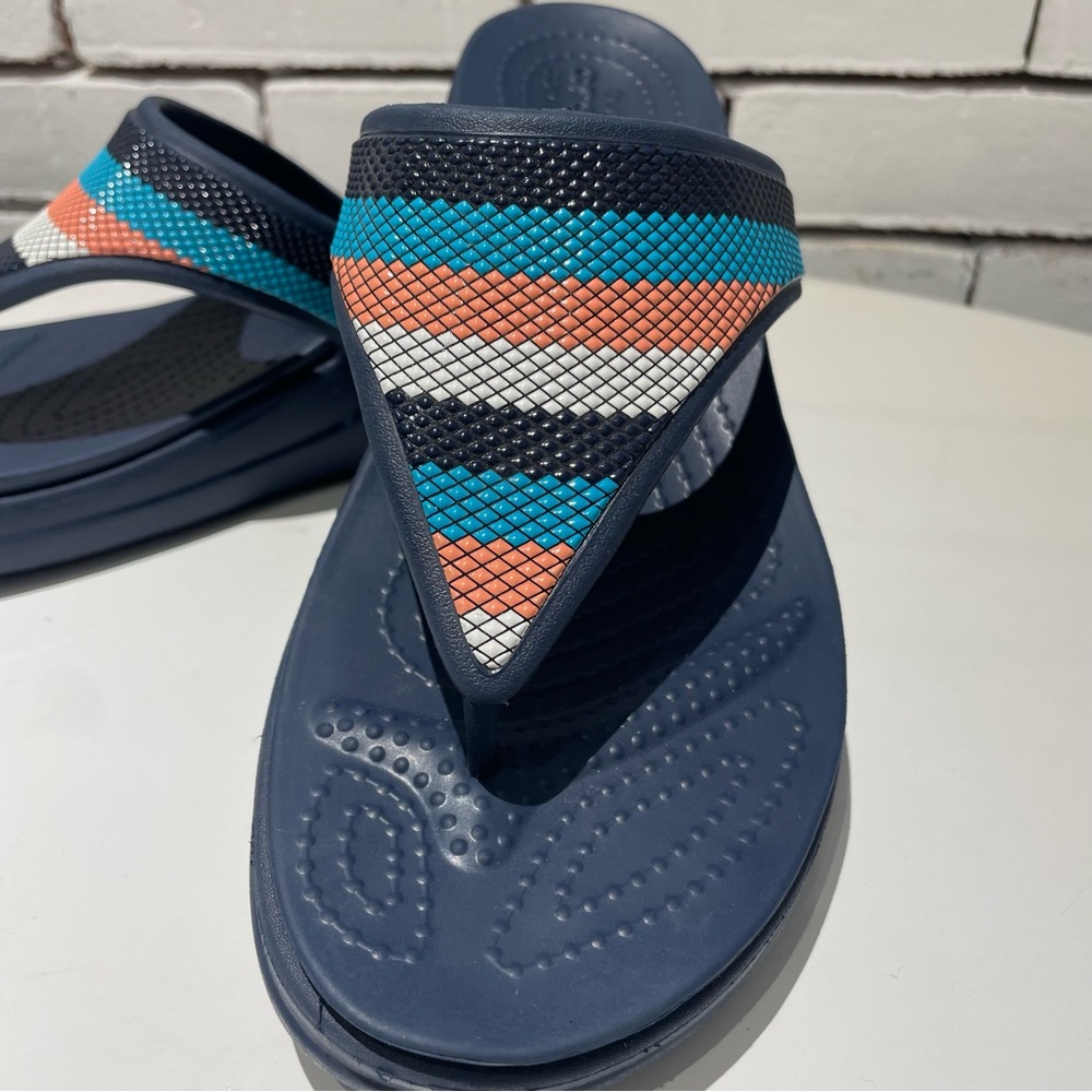 CROCS Monterey Women’s Beaded Stripe Wedge  Blue Sandals - Picture 3 of 15